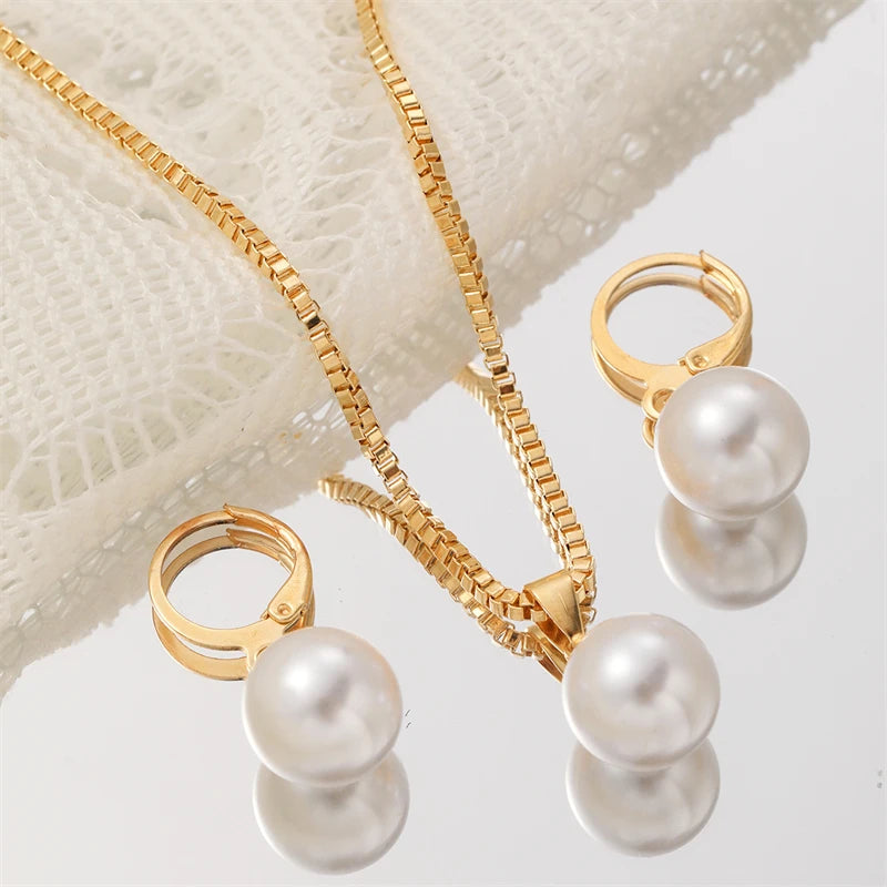 Fashion Elegant Imitation Pearl Pendant Jewelry Set for Women Vintage Gold Color Chain Necklace Earring Girl Wedding Party Gifts