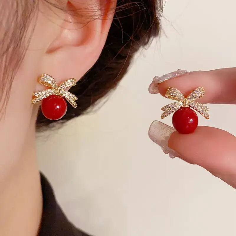 Sweet Red Pearl Rhinestone Bow Stud Earrings Temperament Light Luxury Jewelry For Women Christmas Fashion Gifts