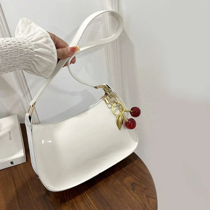 PU Leather Handbag Versatile Fashion Solid Color Cherry Pendant Shoulder Bag Casual Commuting Bag Girl Underarm Bag
