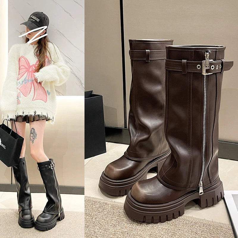 Biker Boots Fashion Belt Buckle Ladies Elegant Platform Long Pipe Booties Casual Women's Knee High Booties2024