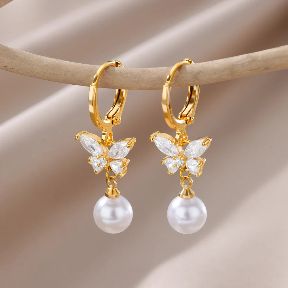 Butterfly Zircon Stainless Steel Pearl Earrings For Women Gold Plated Piercing Earring Aesthetic Luxury Jewelry Gift 2023 New