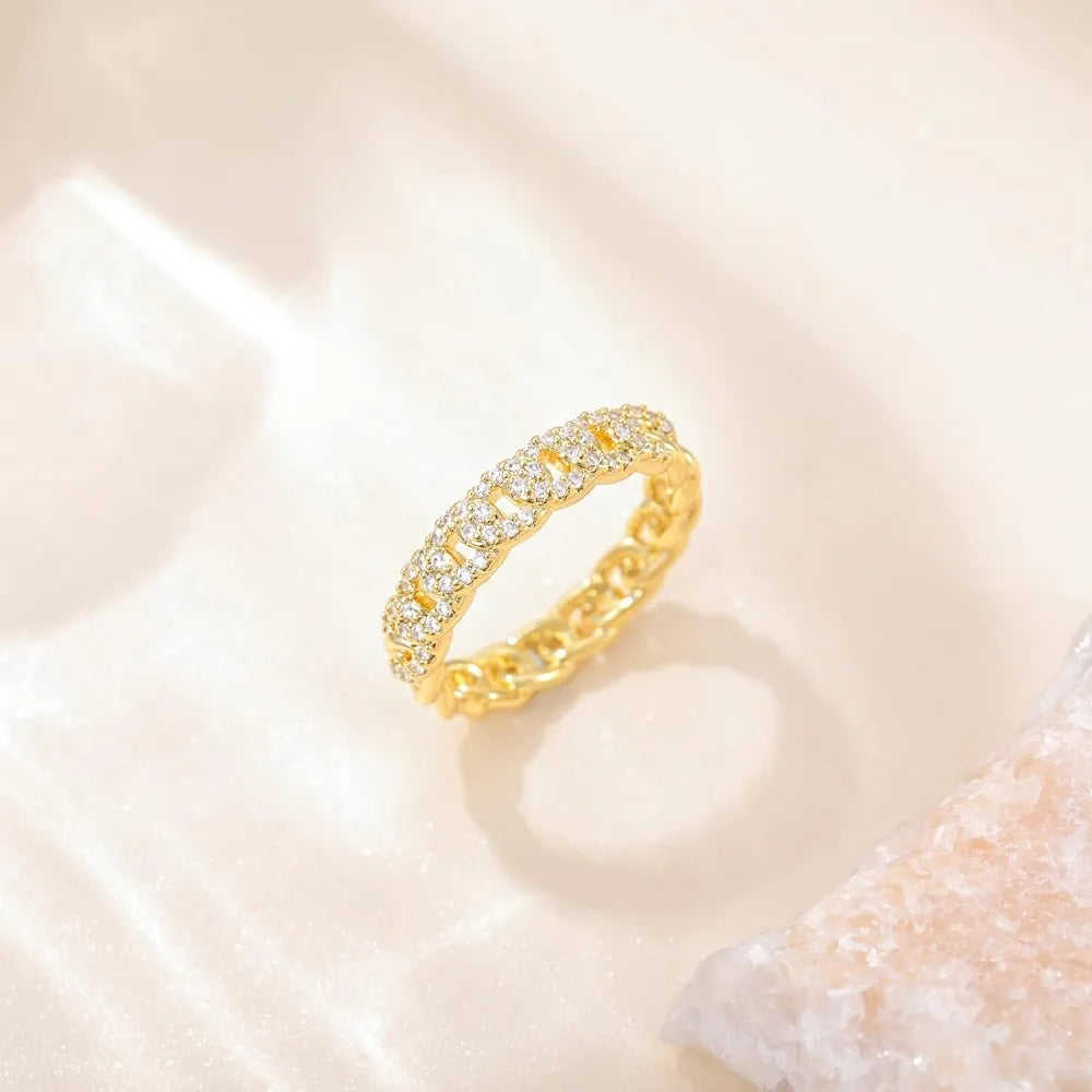 Trumium 14K Gold Plated Chain Link Rings for Women Round Cubic Zirconia Half Eternity Stackable Engagement Promise Rings