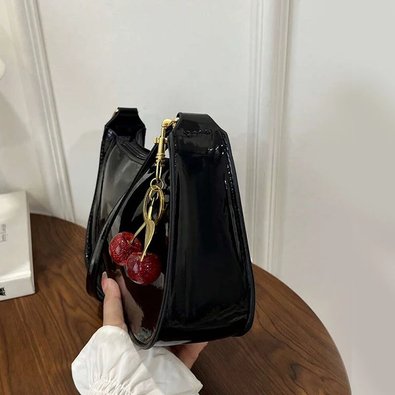 PU Leather Handbag Versatile Fashion Solid Color Cherry Pendant Shoulder Bag Casual Commuting Bag Girl Underarm Bag