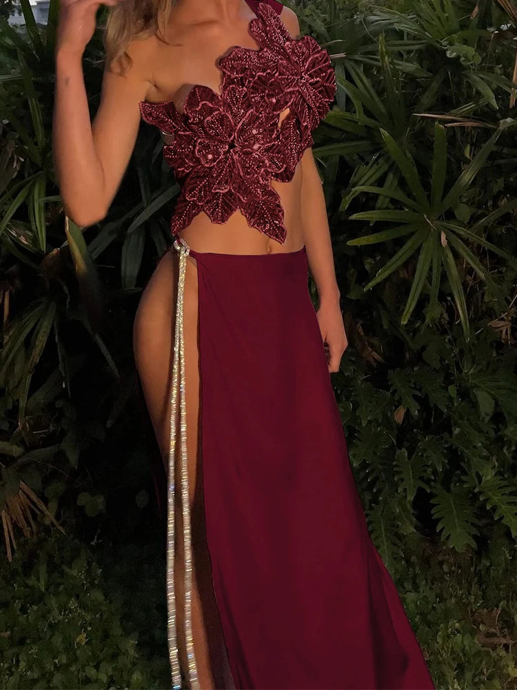 Nibber Frenulum Sequin Flowers 2 Piece Set Women Beach Vacation Y2K Chic Skew Collar Tank Tops+Bandage Maxi Split Skirts Suit