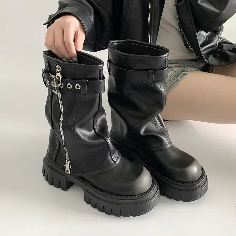 Biker Boots Fashion Belt Buckle Ladies Elegant Platform Long Pipe Booties Casual Women's Knee High Booties2024