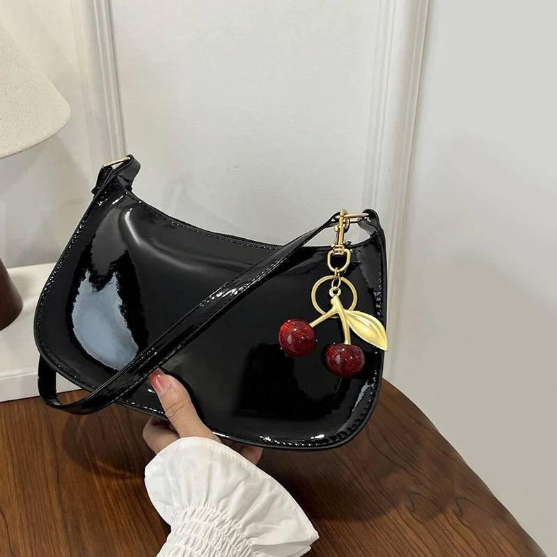 PU Leather Handbag Versatile Fashion Solid Color Cherry Pendant Shoulder Bag Casual Commuting Bag Girl Underarm Bag