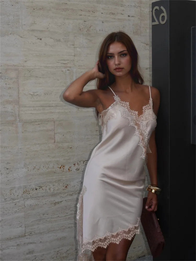 Satin Sexy Lace Spliced Short Sling Dress Women Sleeveless Backless Asymmetric Sexy Party Dresses 2025 Summer Lady Dress ﻿