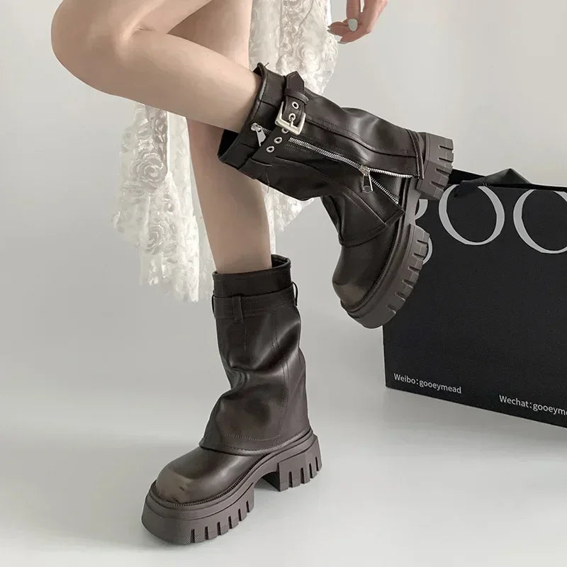 Biker Boots Fashion Belt Buckle Ladies Elegant Platform Long Pipe Booties Casual Women's Knee High Booties2024