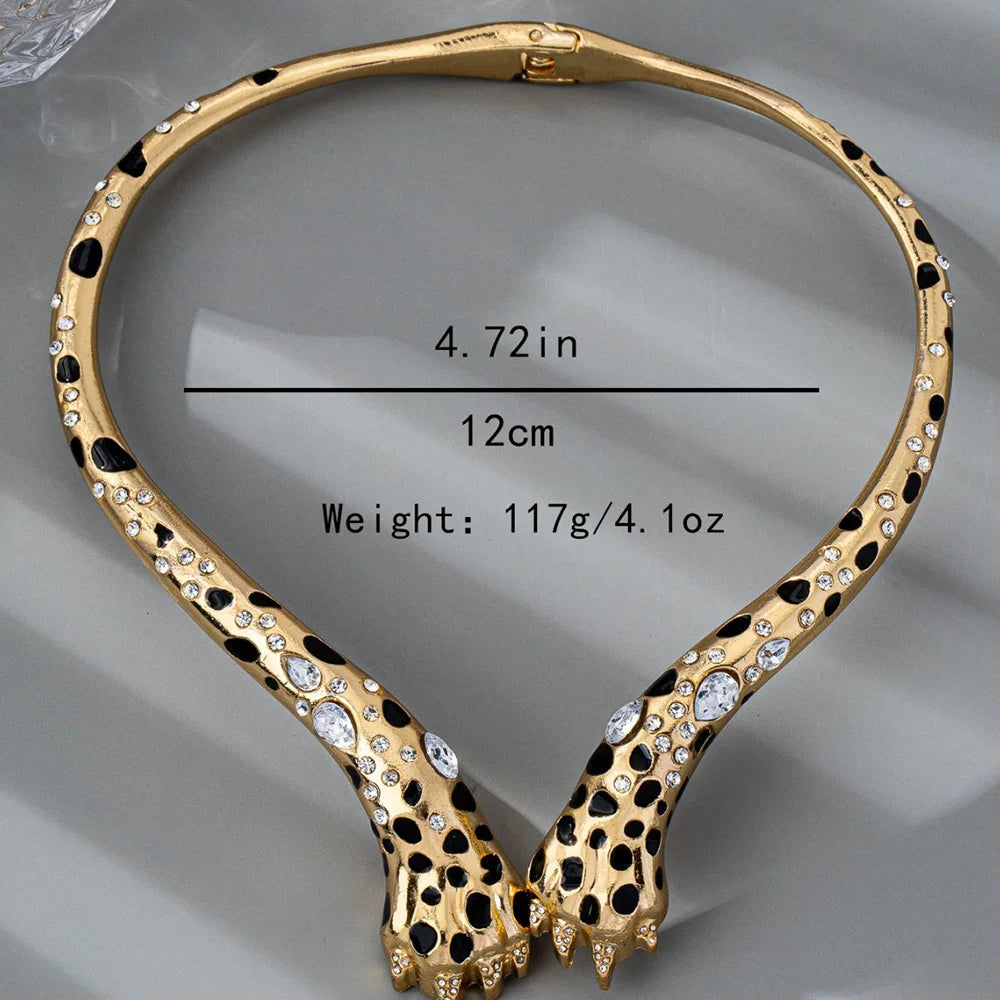 New Retro Fashionable Individualistic Exaggerated Gold Leopard Print Diamond Necklace Trendy Jewelry Accessory For Ladies
