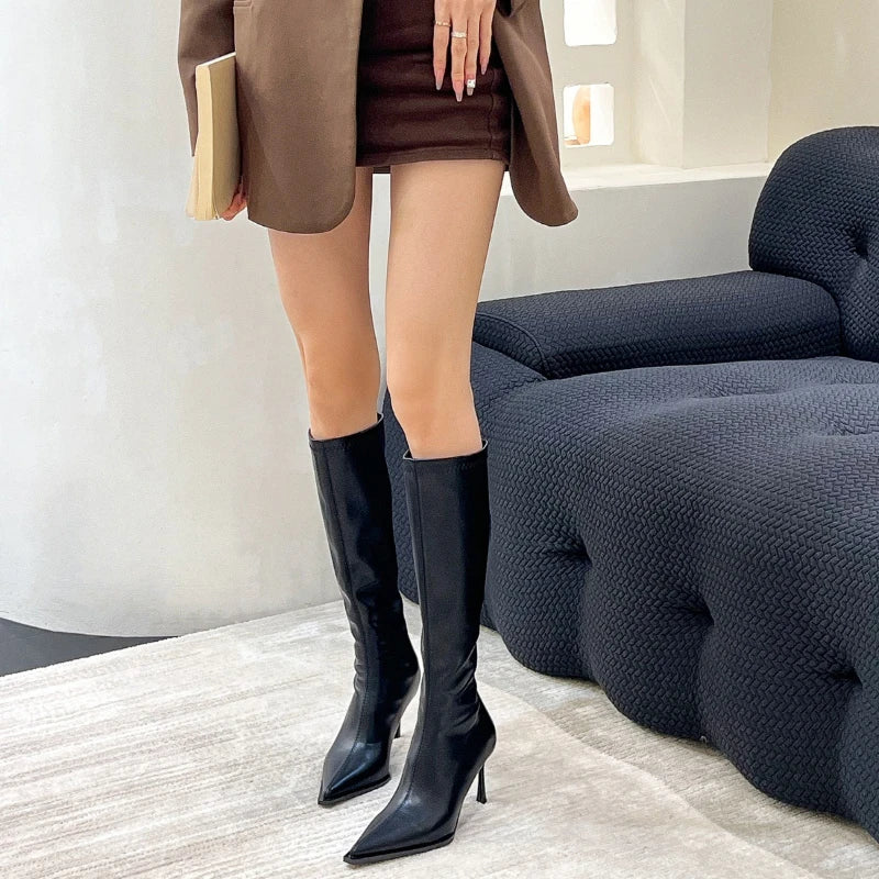 2026 New Women's High Heels Pointed Knee-length Female Boots Comfortable Stiletto Heel Soft Leather Women Shoes Zapatos De Mujer