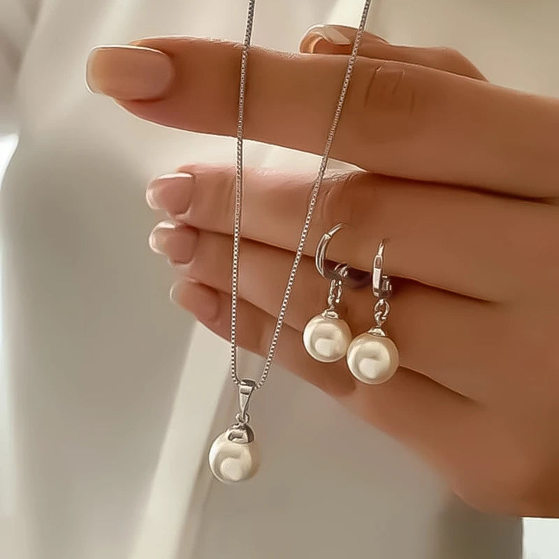 Fashion Elegant Imitation Pearl Pendant Jewelry Set for Women Vintage Gold Color Chain Necklace Earring Girl Wedding Party Gifts