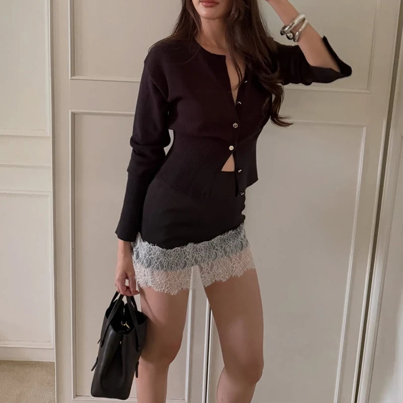 Women Summer Elegant Silky Mini Pencil Skirts High Waist Sheer Floral Lace Trimmed Patchwork Hem Y2k Satin Silk Skirt