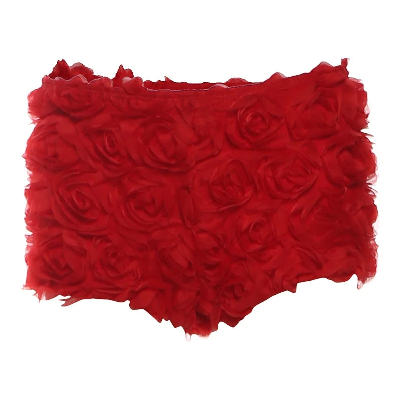 SylCue 3d Flower Decoration Mini Shorts Woman Elastic High Waist Skinny Peach Hip Sweet Girls Street Y2K Style Classic Bottoms