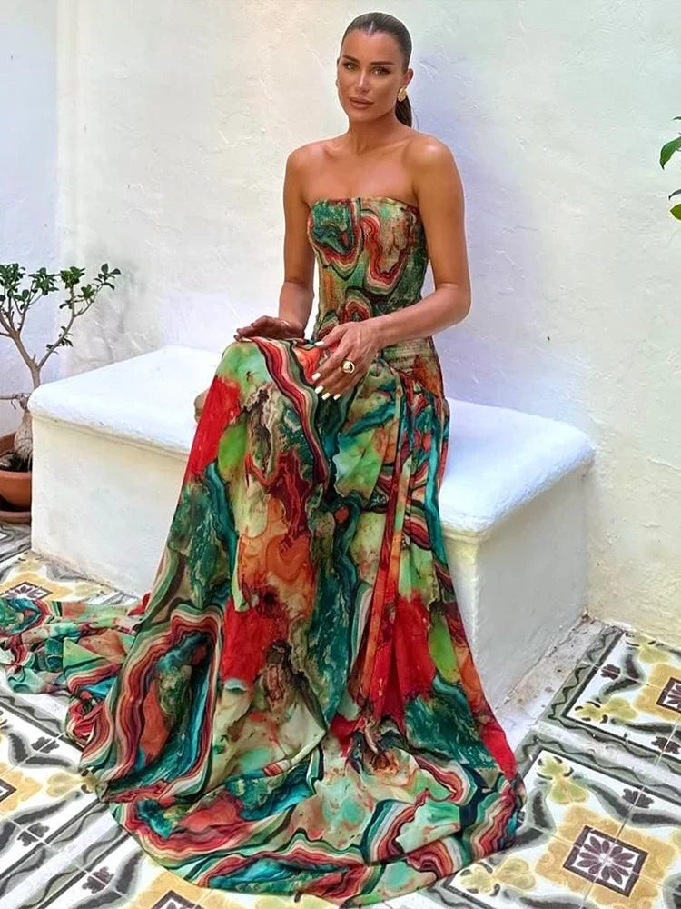 Elegant Floral Print Tube Long Dress Women's Fashion Slim Sleeveless Backless Pleated A-line Dresses 2026 Evening Party Gowns