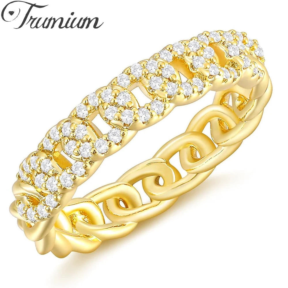 Trumium 14K Gold Plated Chain Link Rings for Women Round Cubic Zirconia Half Eternity Stackable Engagement Promise Rings