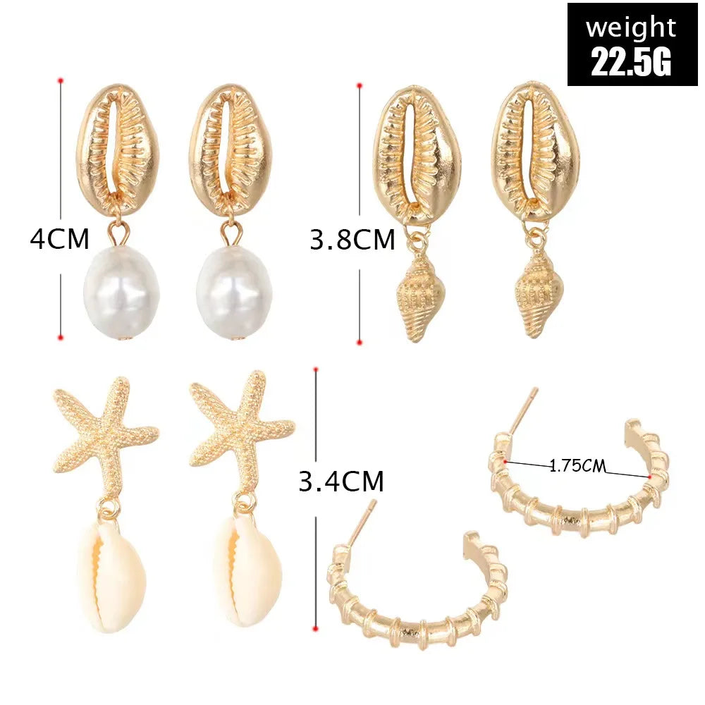 4pcs Bohemia Shell Starfish Dangle Earring Set For Women Summer Beach Pearl Conch Drop Geometric Earring Girls Fashion Jewelry