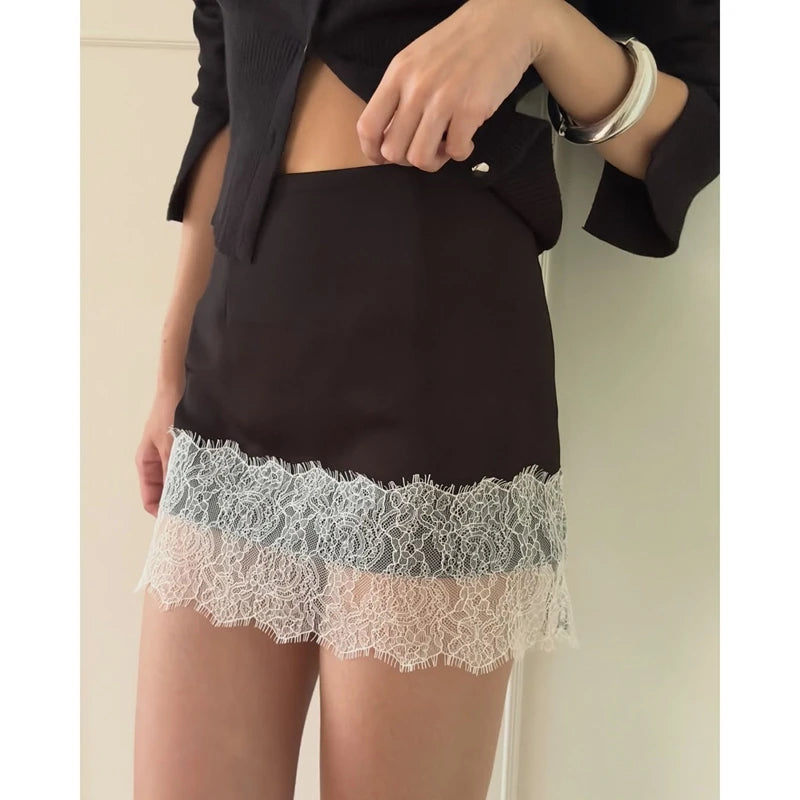 Women Summer Elegant Silky Mini Pencil Skirts High Waist Sheer Floral Lace Trimmed Patchwork Hem Y2k Satin Silk Skirt
