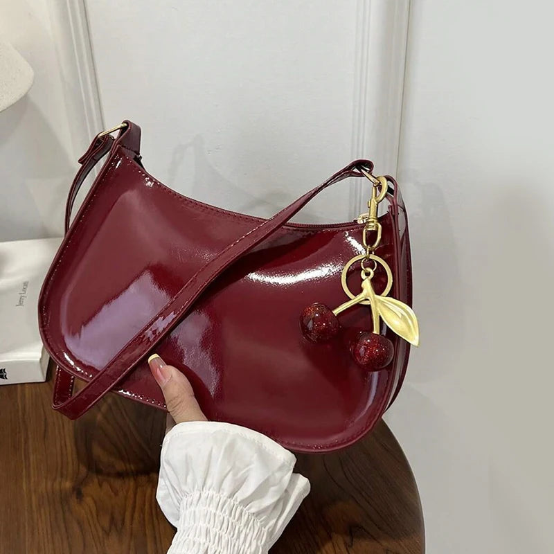 PU Leather Handbag Versatile Fashion Solid Color Cherry Pendant Shoulder Bag Casual Commuting Bag Girl Underarm Bag