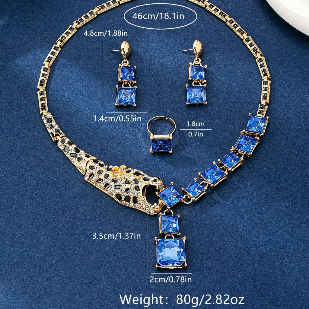 New European American Jewelry Set Leopard Head Geometric Patchwork Necklace Earrings Ring Women Elegant Temperament M811