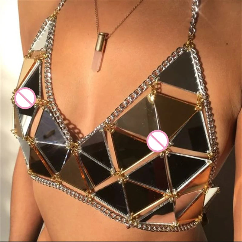 Sexy Summer Beach Women Metal Chain Hollow Sparkly Diamond Sequins Tank Top Short Halter Camis Exotic club Party Crop Tops vests