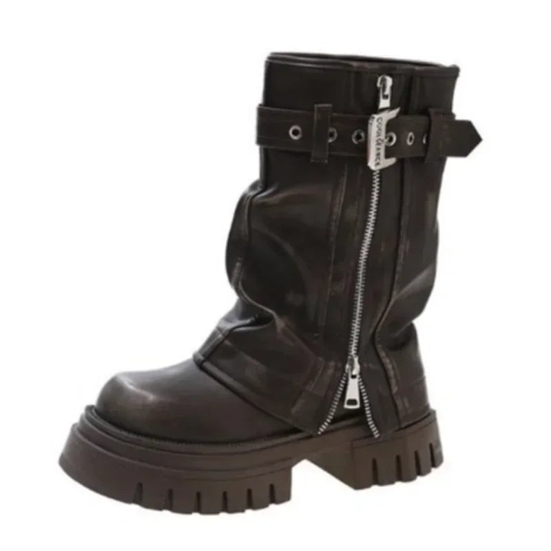 Biker Boots Fashion Belt Buckle Ladies Elegant Platform Long Pipe Booties Casual Women's Knee High Booties2024