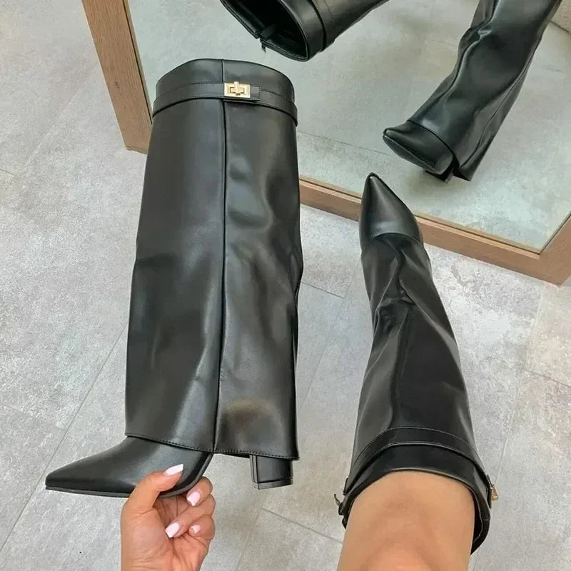 New Pointed Metal Buckle Knee High Women's Boots, Thick High-heeled Pants Boots, Fashionable Mid Leg Boots