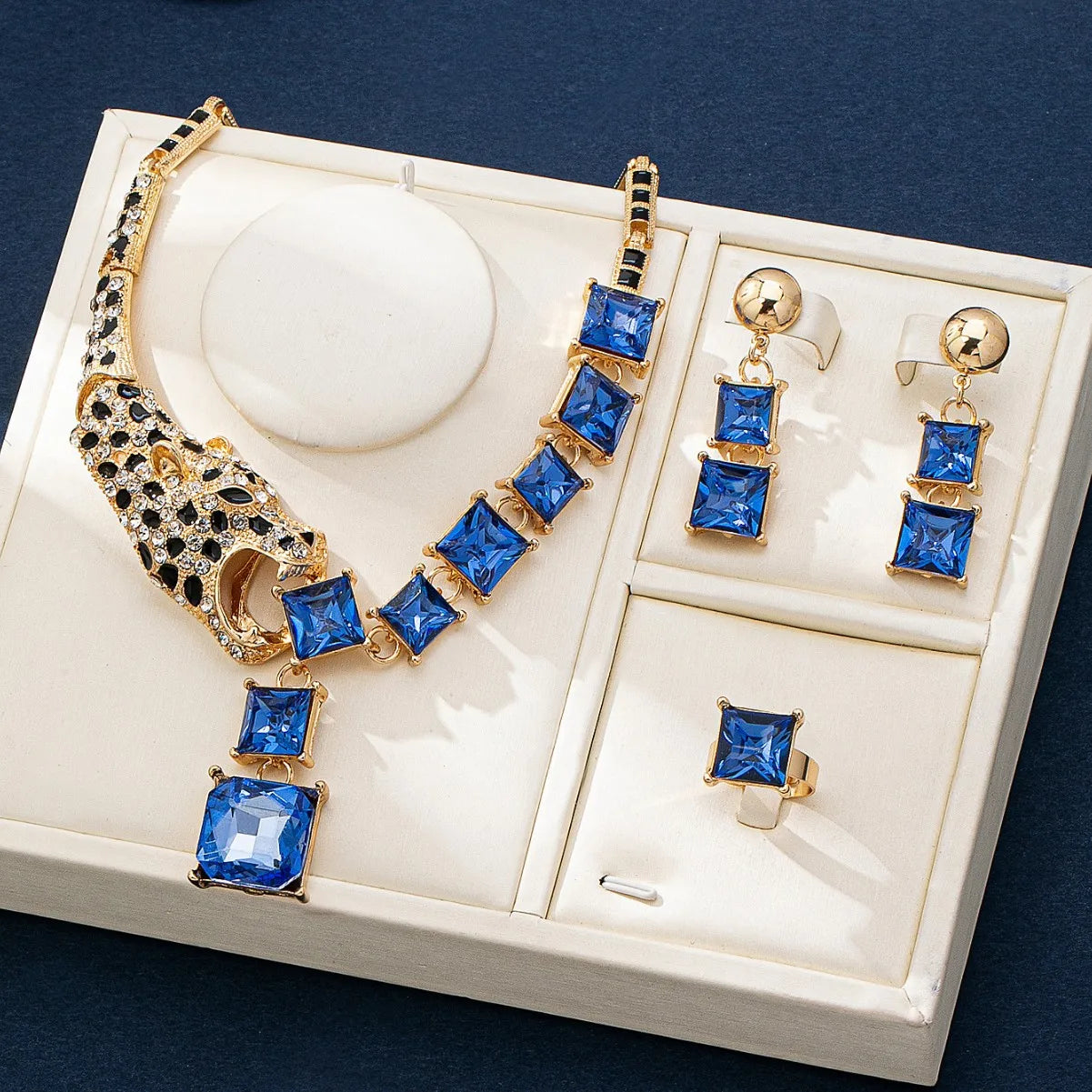 New European American Jewelry Set Leopard Head Geometric Patchwork Necklace Earrings Ring Women Elegant Temperament M811