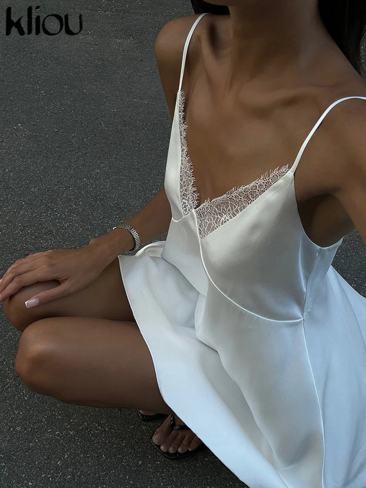 Kliou Lace Patchwork Women Sexy Mini Dress Summer Suspendency Drape V-neck Backless A-line Loose Vestidos Girls Solid Basic Robe