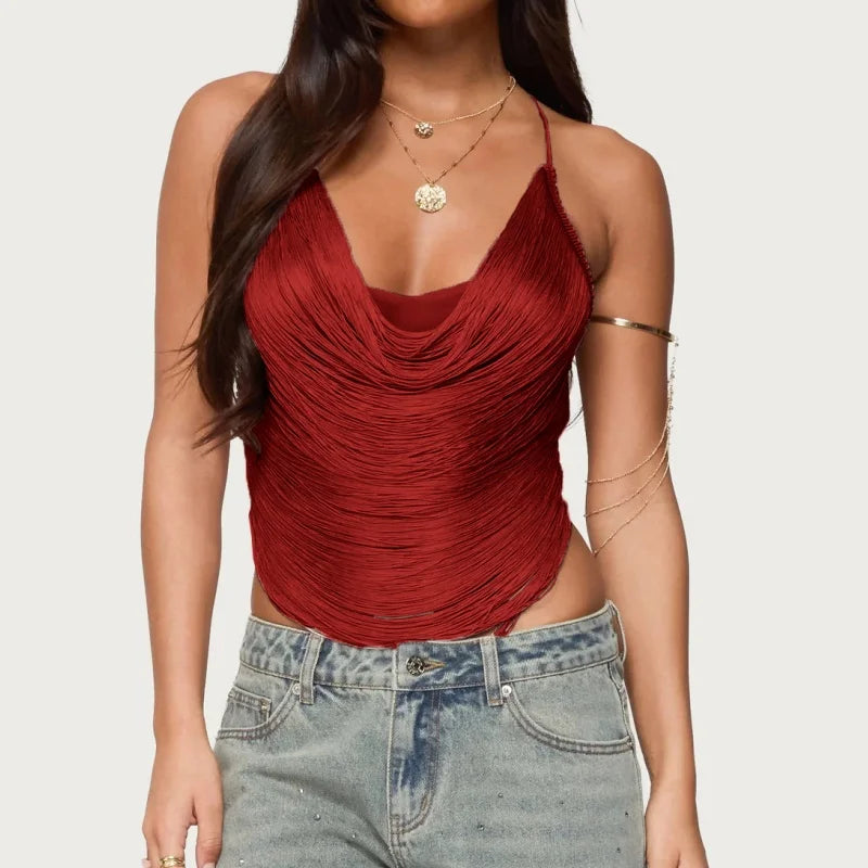 Fringe Trim Halter Top Sexy Sleeveless Backless Asymmetrical Hem Tassel Cropped Party Tank Tops