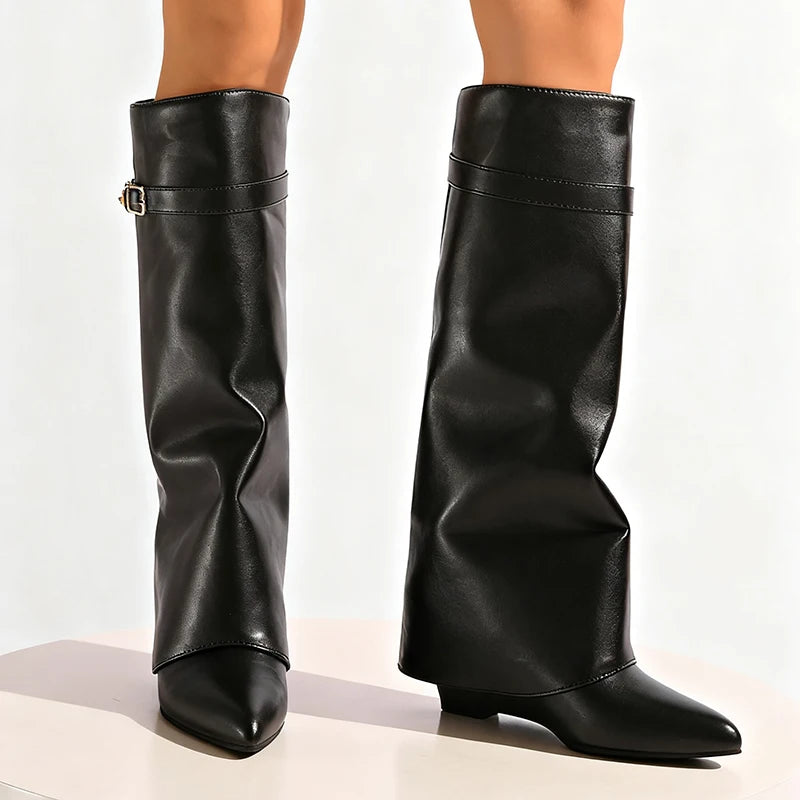 Designer Leather Long Boots Autumn Winter 2026 Wide Calf Shark Boots Woman Wedge Heel Knee High Botas