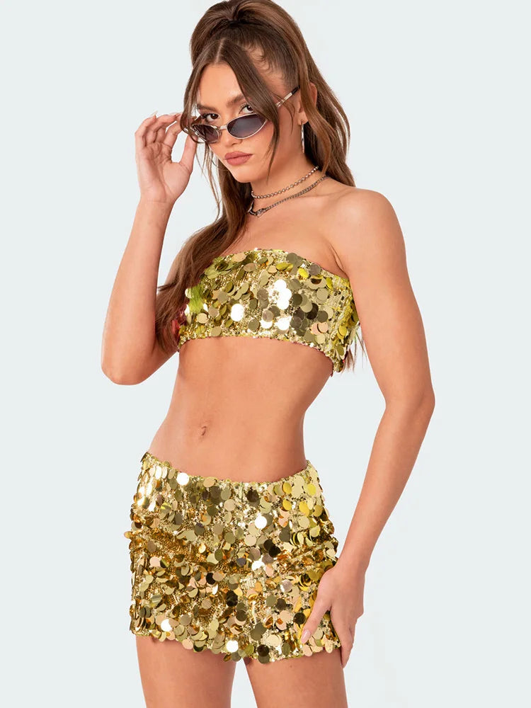 Shiny Sequins 2 Piece Cropped Top Midi Bodycon Skirt Suit