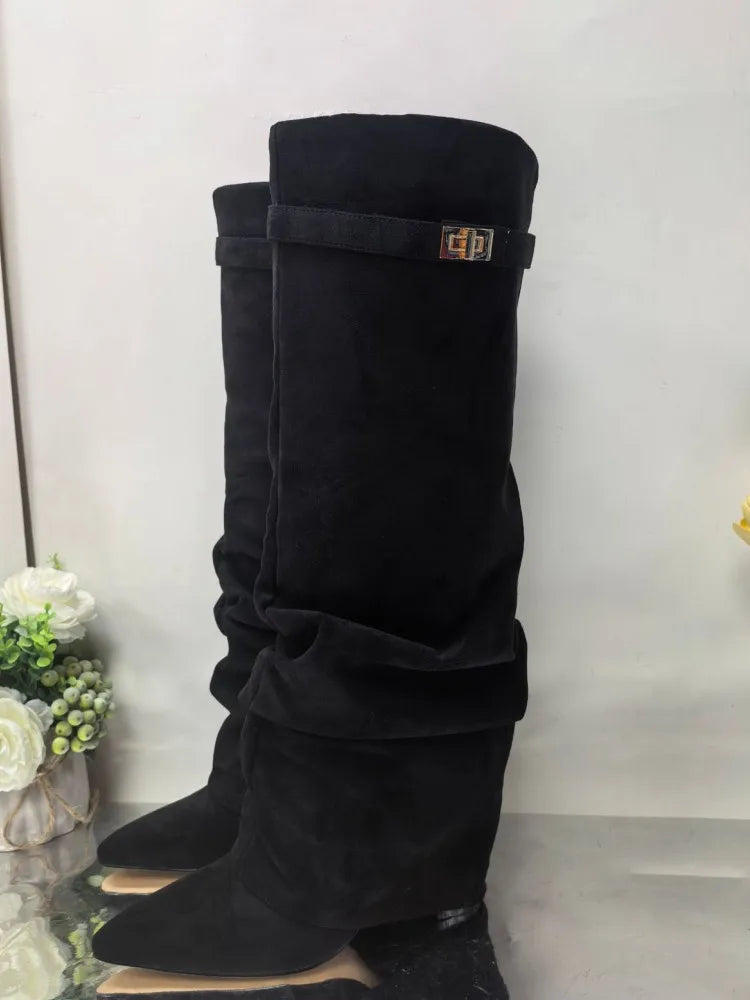 Autumn and Winter New Pointed Metal Buckle Knee High Women's Boots, Thick High-heeled Pants Boots, Fashionable Mid Leg Boots