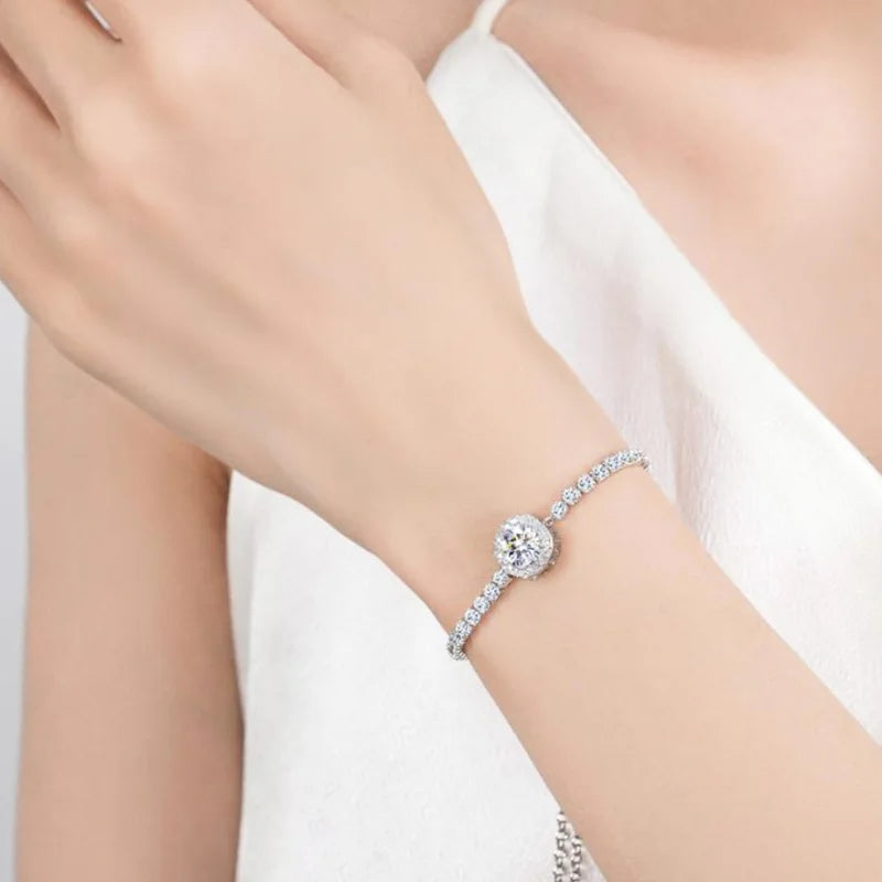Trumium 1ct Moissanite Diamond Square Halo Bracelet for Women S925 Sterling Silver Luxury Sparkling Push-pull Hand Chain Jewelry