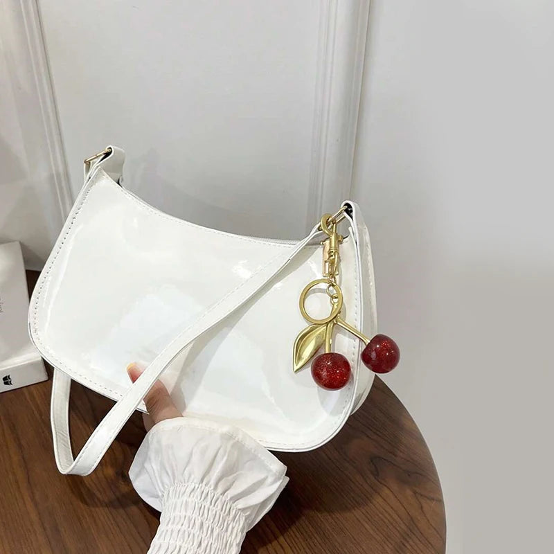 PU Leather Handbag Versatile Fashion Solid Color Cherry Pendant Shoulder Bag Casual Commuting Bag Girl Underarm Bag