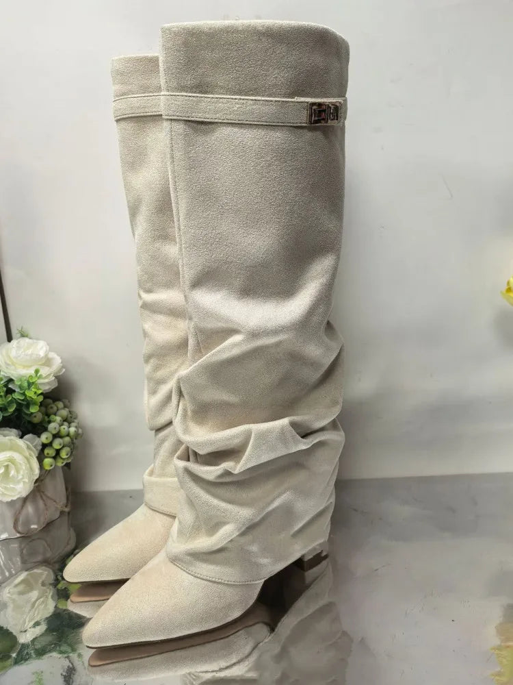 Autumn and Winter New Pointed Metal Buckle Knee High Women's Boots, Thick High-heeled Pants Boots, Fashionable Mid Leg Boots