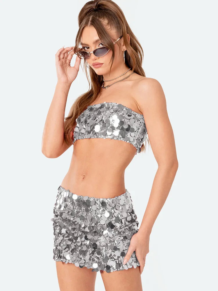 Shiny Sequins 2 Piece Cropped Top Midi Bodycon Skirt Suit