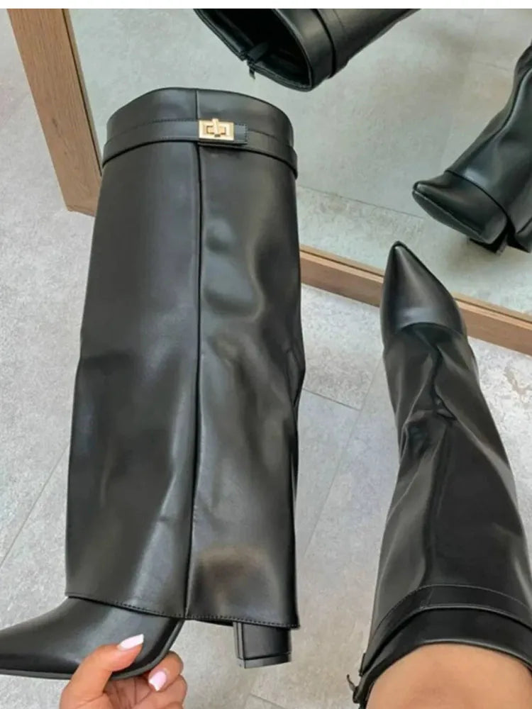 New Pointed Metal Buckle Knee High Women's Boots, Thick High-heeled Pants Boots, Fashionable Mid Leg Boots
