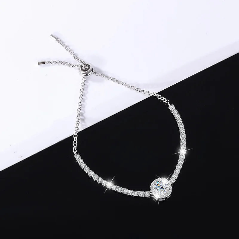 Trumium 1ct Moissanite Diamond Square Halo Bracelet for Women S925 Sterling Silver Luxury Sparkling Push-pull Hand Chain Jewelry