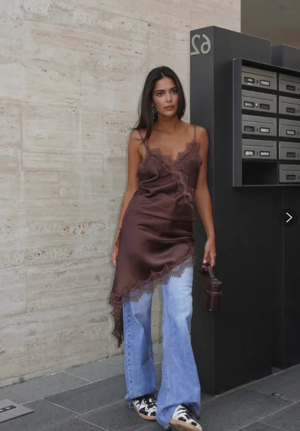 Satin Sexy Lace Spliced Short Sling Dress Women Sleeveless Backless Asymmetric Sexy Party Dresses 2025 Summer Lady Dress ﻿